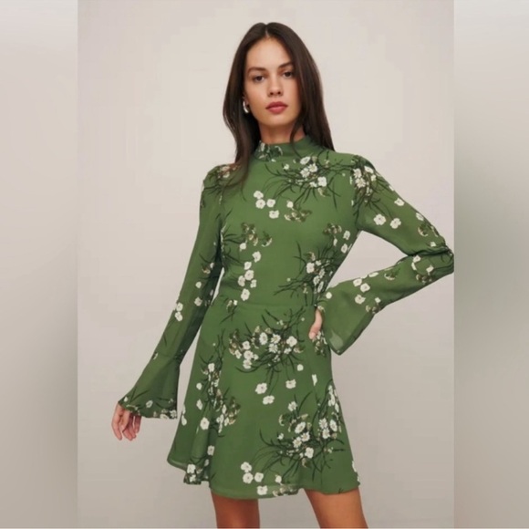 NWT Reformation Persis Dress in lomita green floral mockneck long sleeve 8 - Picture 2 of 9